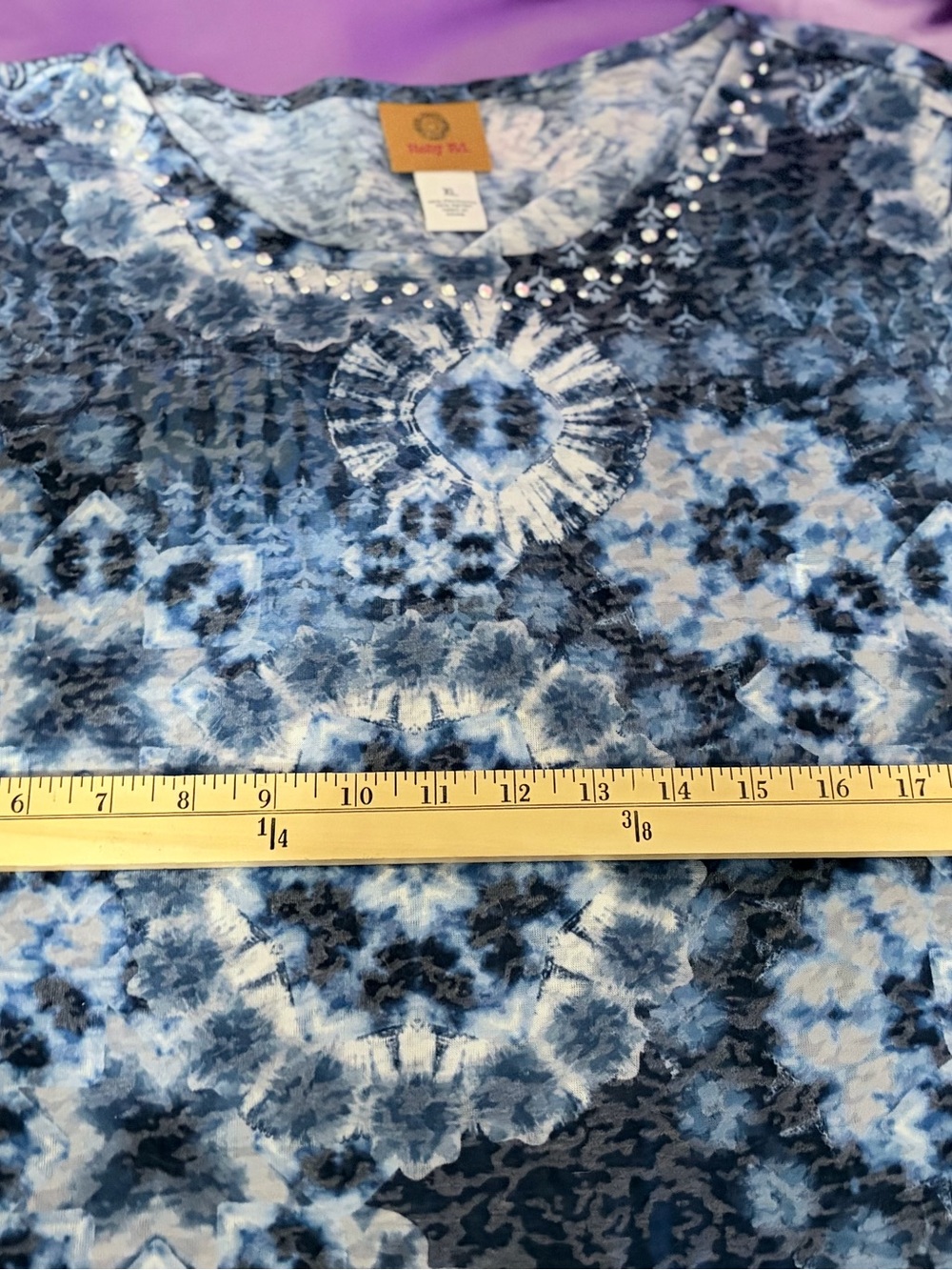 Ruby Rd Blue Floral Mosaic 3/4 Sleeve Women's Top - Picture 5 of 5